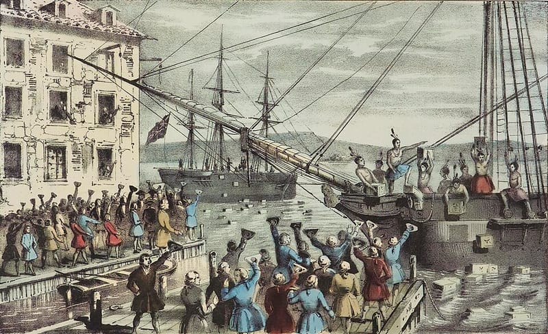 Currier print of colonists dumping tea into Boston Harbor