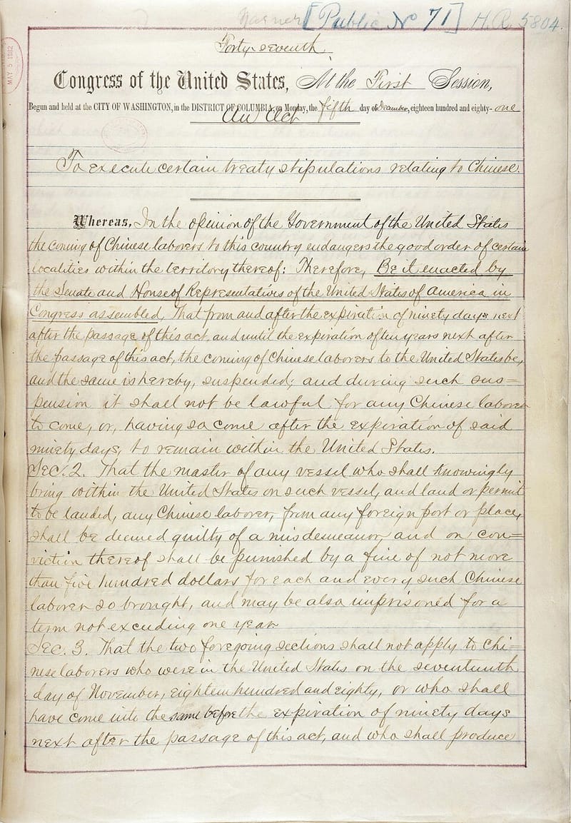 Page of the Chinese Exclusion Act of 1882