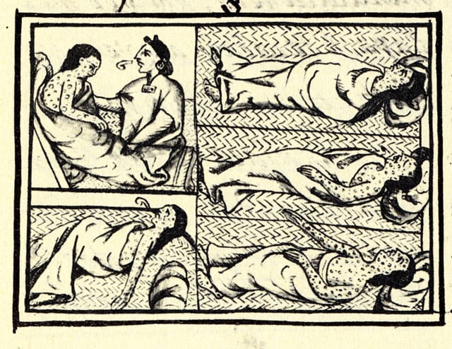 Illustration from the Florentine Codex showing Nahua people suffering from smallpox