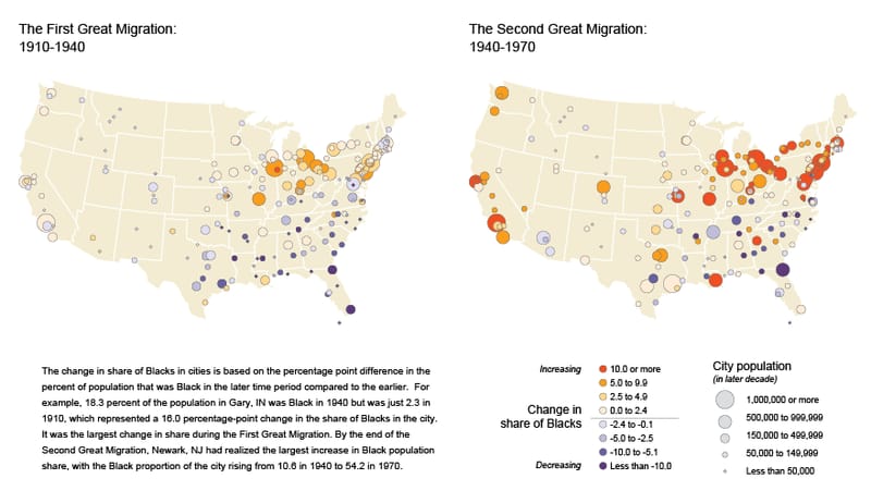 Map of Black urban population changes during the Great Migration