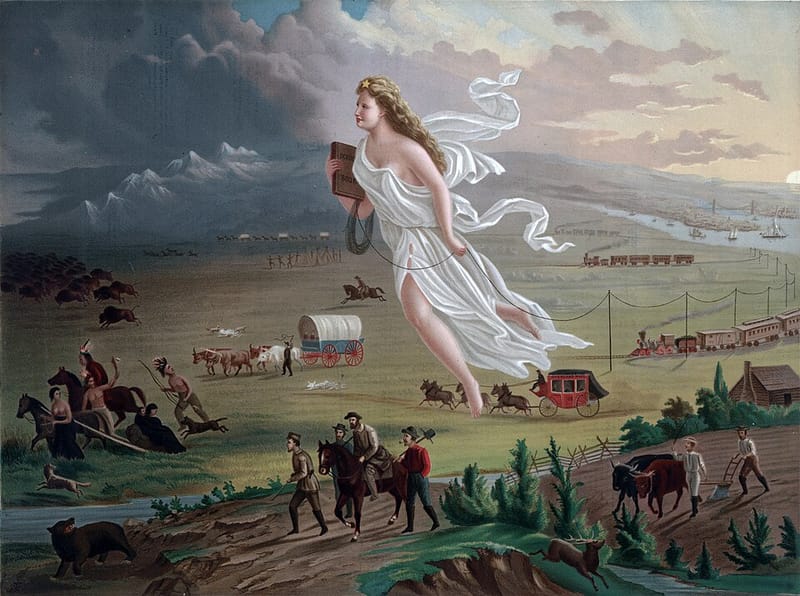 John Gast’s painting American Progress, showing a floating female figure leading settlers westward