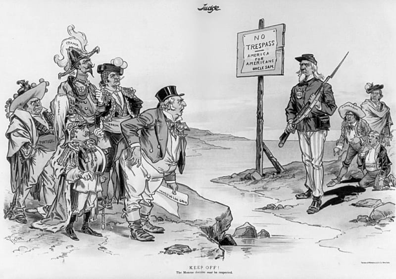 Political cartoon of Uncle Sam enforcing the Monroe Doctrine