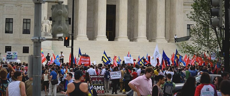 Crowds celebrating outside the Supreme Court as the Obergefell decision is announced