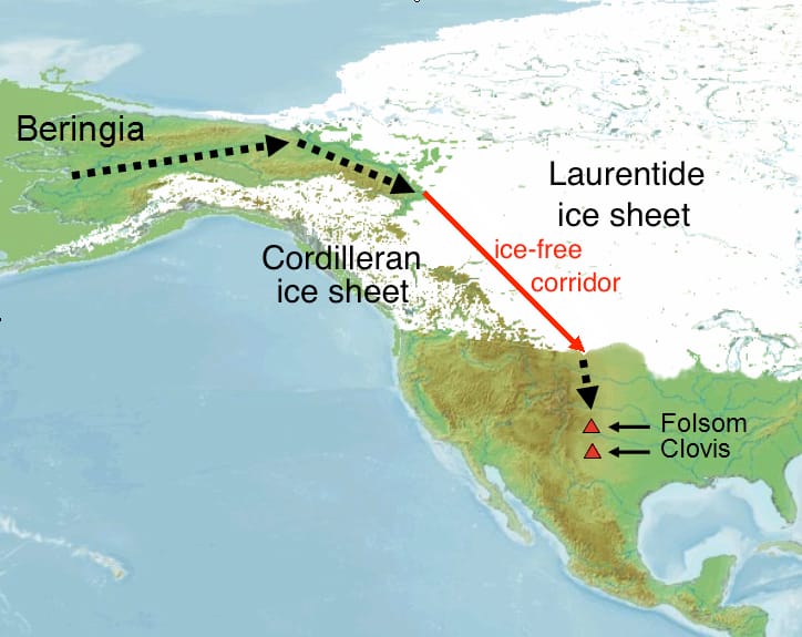 Map of possible routes of the first peopling of the Americas through Beringia