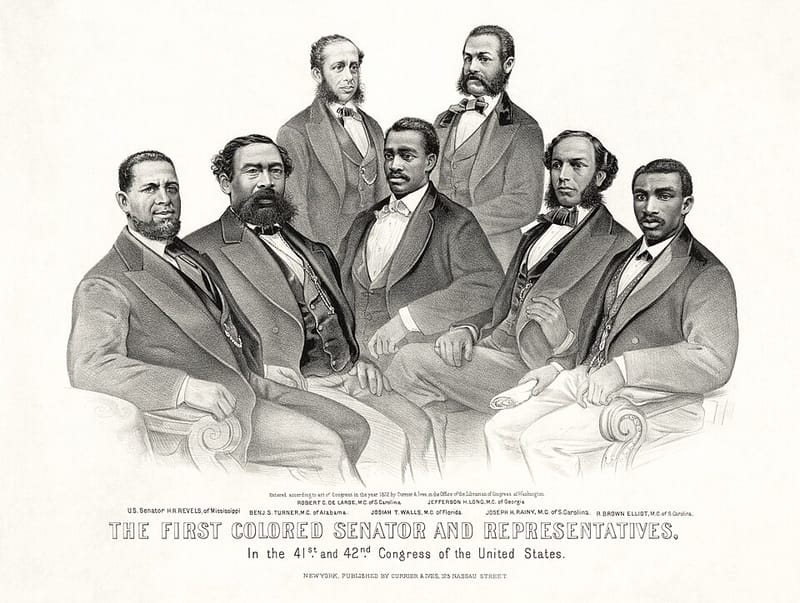 Currier and Ives print of the first Black members of Congress, including Senator Hiram Revels