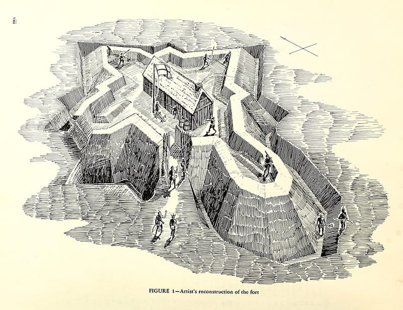 Artist’s reconstruction of the fort at Roanoke Island