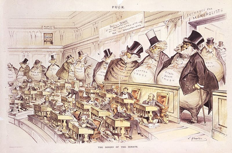 Joseph Keppler’s cartoon of giant moneybags representing trusts looming over the U.S. Senate
