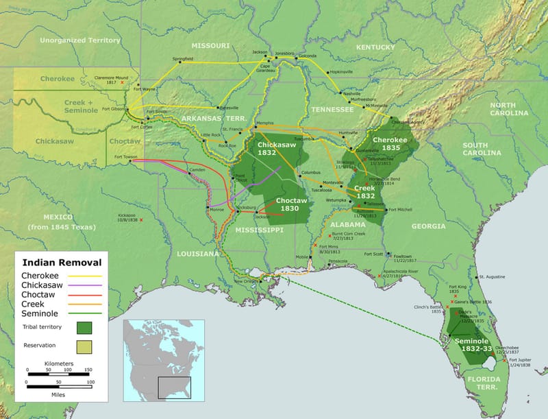 Map of the forced removal routes of the Five Tribes