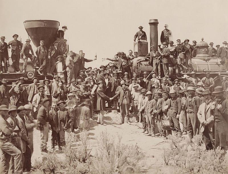 Crews celebrating the completion of the transcontinental railroad at Promontory Summit