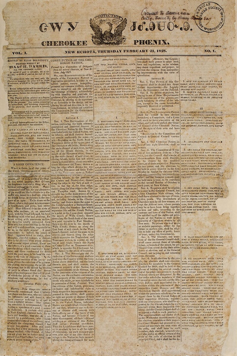 First issue of the Cherokee Phoenix newspaper, printed in English and Cherokee
